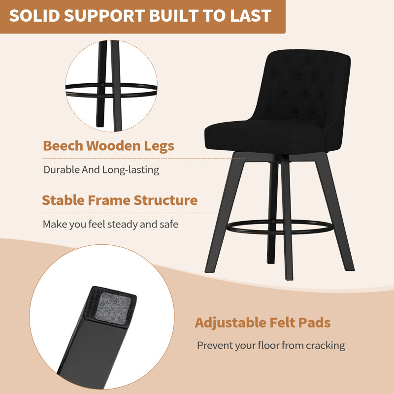 Swivel Upholstered 30'' Bar Stool Wood Leg, Black, Counter Stool (26" Seat Height), 1