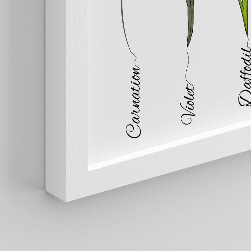 Collection de fleurs florales botaniques avec noms encadrés sur papier, impression de 4 pièces, Blanc, H 10 po x l 8 po