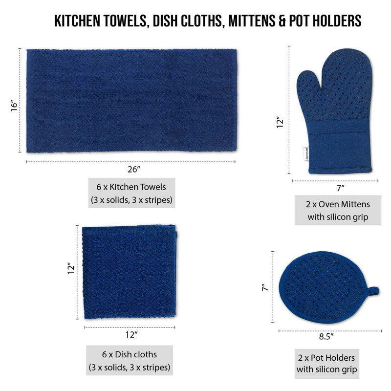 Indigo Cotton Kitchen Towel Set with Silicone Oven Mitts and Pot Holders, 16-Piece