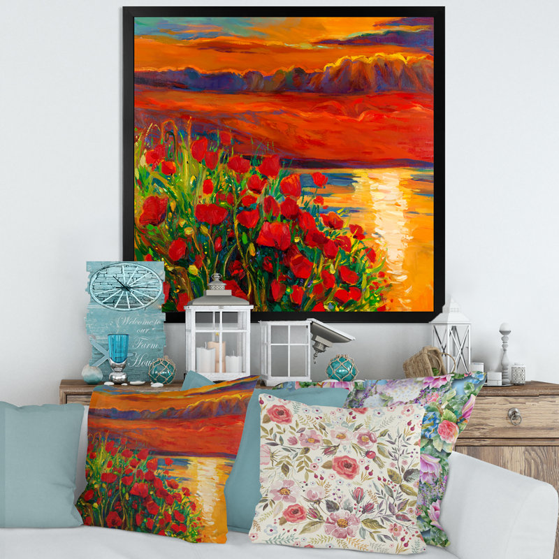 Coquelicots rouges par l'océan pendant le coucher du soleil - Peinture sur toile, Cadre photo noir