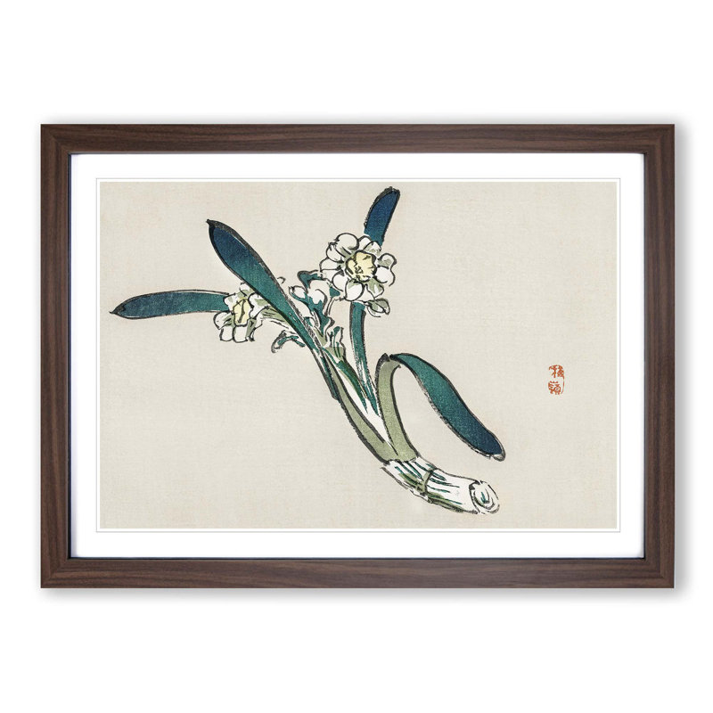Daffodils by Kono Bairei - Picture Frame Painting Print, Walnut Framed, 27cm H x 36cm W x 2cm D