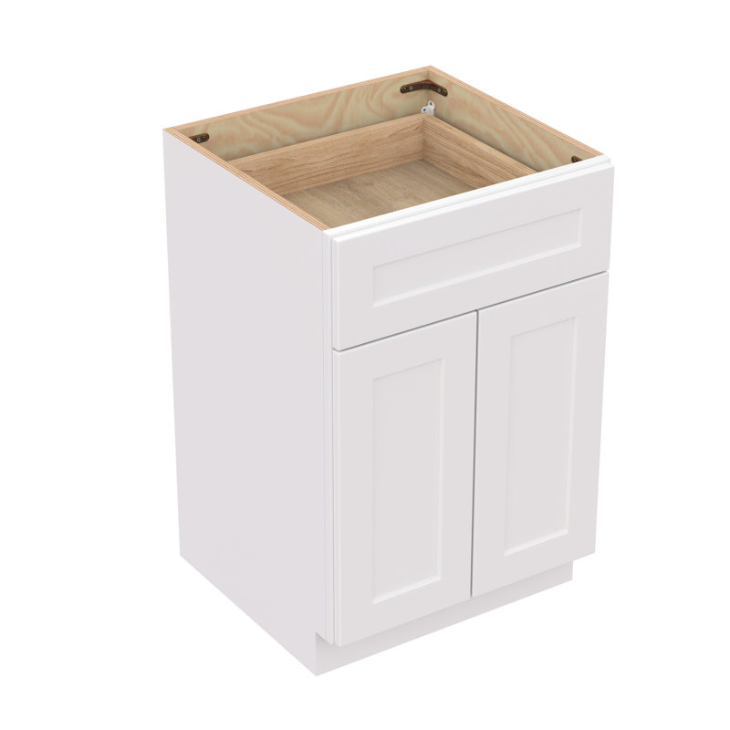 Armoire de base en bois massif à 2 portes à fermeture douce avec 1 tablette pour le rangement de la salle de bain et de la buanderie.