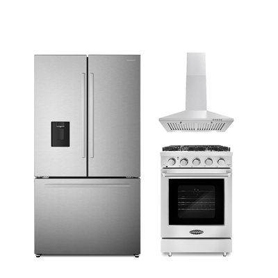 Cosmo 3 Piece Kitchen Appliance Package with French Door Refrigerator , 23.8'' Gas Freestanding Range , and Wall Mount Range Hood -  COS-3PKG-332