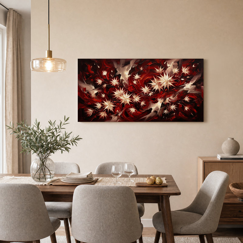 «White Starbursts on Deep Red», art mural sur toile, L 46 po x H 24 po