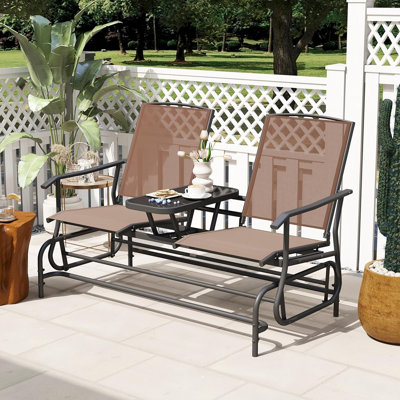 Fauteuil oscillant et causeuse à bascule brun - Banc pivotant avec table centrale en verre trempé, structure en acier et tissu maillé respirant pour le porche, le balcon ou la piscine