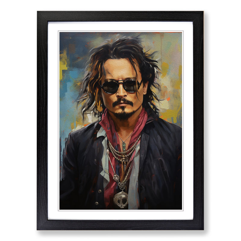 Johnny Depp Hard Edge Painting - Single Picture Frame Print on Wood, 34cm H x 25cm W x 2cm D, Black Framed