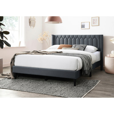 Grand lit en toile de jute gris anthracite de style moderne, tête de lit respirante, tête de lit à lattes en bois avec une touche artistique, fabrication