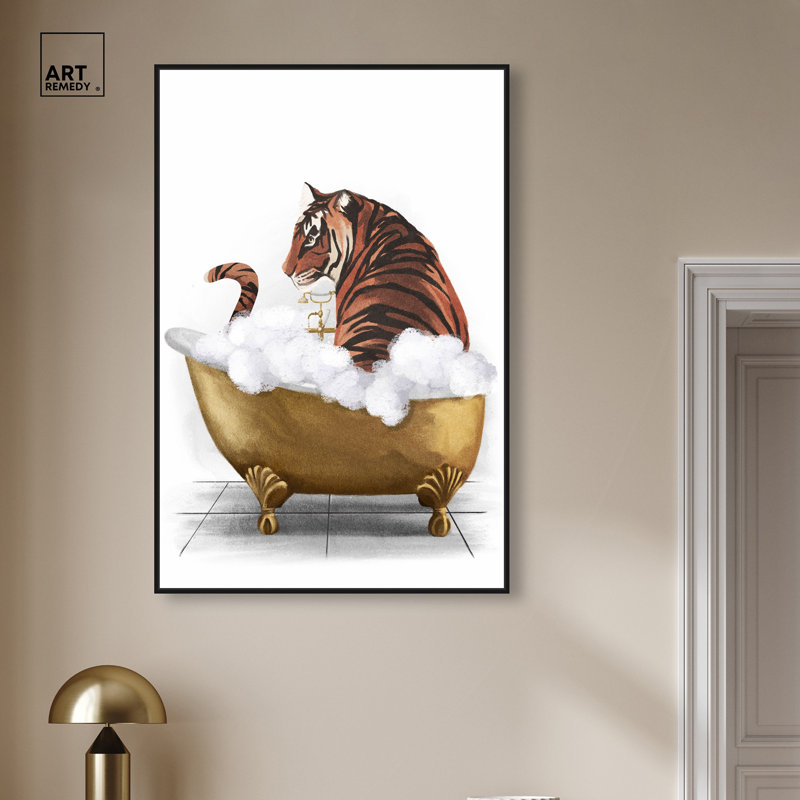 «Bathtime Tiger», impression sur toile tendance par Art Remedy, Structure noire, H 16 po x l 11 po