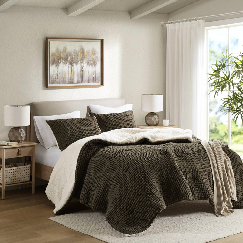 Couette marron pour lit double/queen - Garnissage en chenille gaufrée - Literie réversible et chaude pour un repos paisible