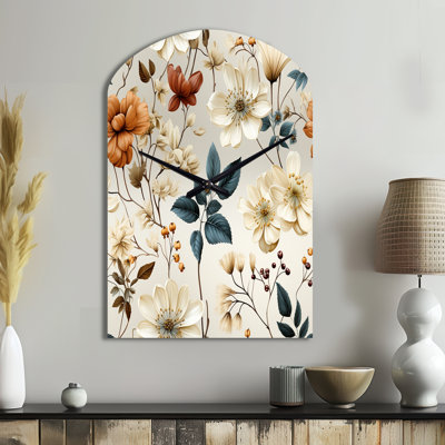Autumn Orange And White Cottage Flowers - Asymmetrical Floral Metal Wall Clock, Arch Clock Print