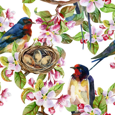 Rulo Apple Blossom And Swallows - Wrapped Canvas Painting
