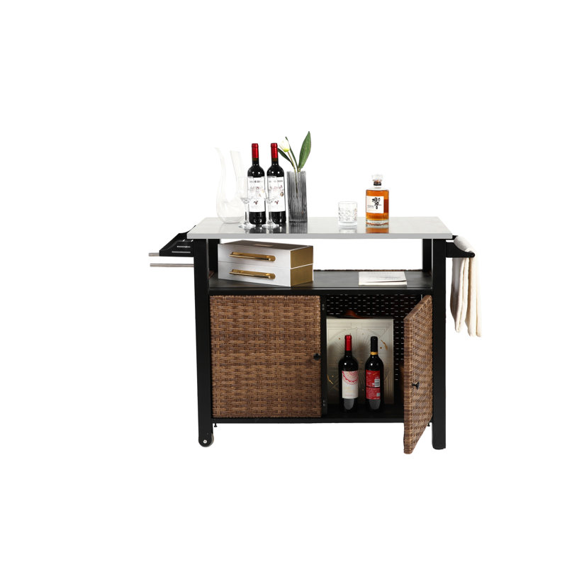 Chariot polyvalent pour îlot de cuisine avec plateau en acier inoxydable et roues, brun pour patio