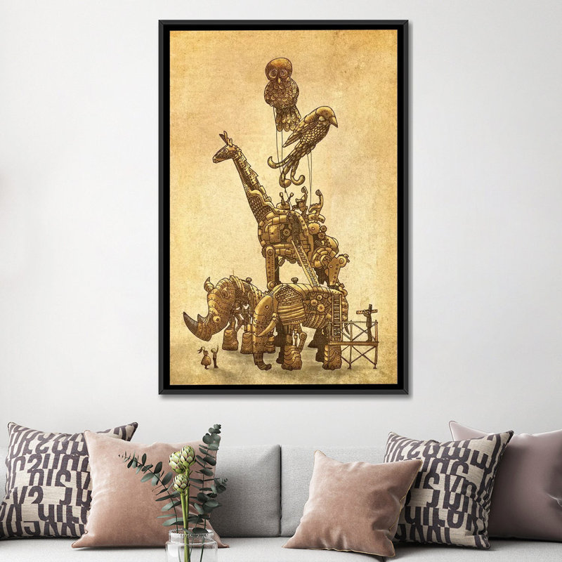 « the clockwork menagerie », impression sur toile, H 26 po x l 18 po x P 1,5 po, Toile avec cadre noir, Pas de tapis