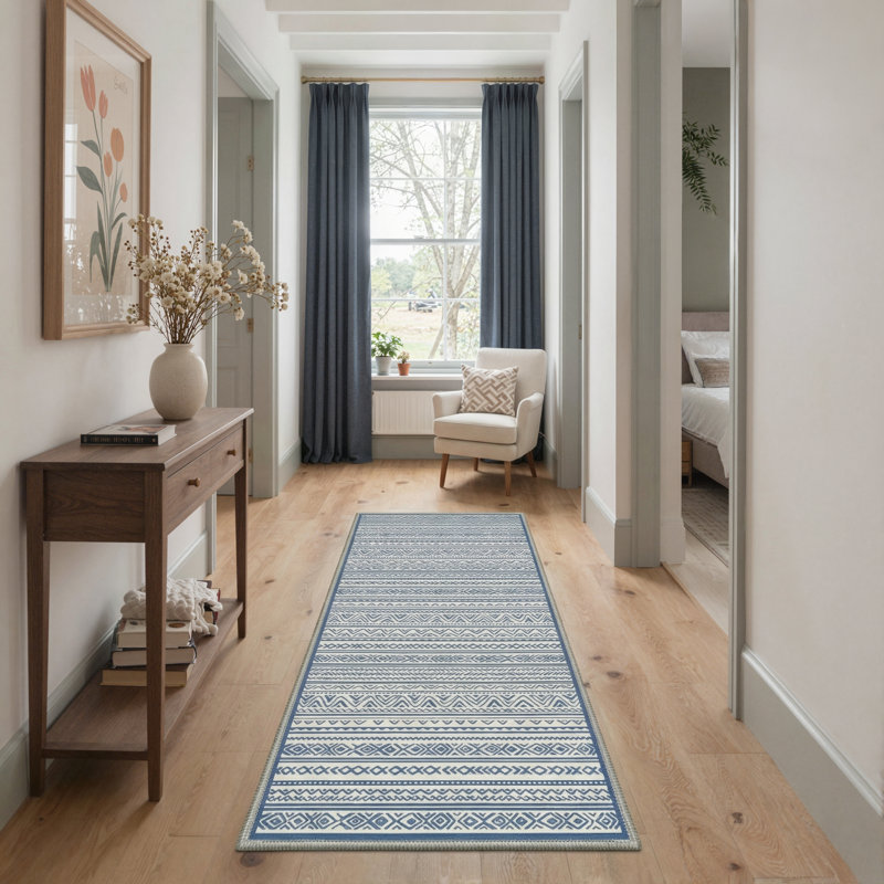 Geometric Stripes Machine Washable Slate Blue Indoor Area Rug With Non-Slip Backing, Runner 2' x 6'