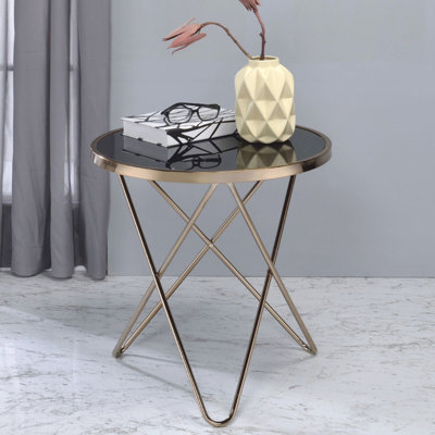 Table de bout ronde en verre noir et champagne, verre de 5 mm, profondeur de 22 pouces, table de base en forme de «V» superposée pour une utilisation de café avec base supérieure, profondeur
