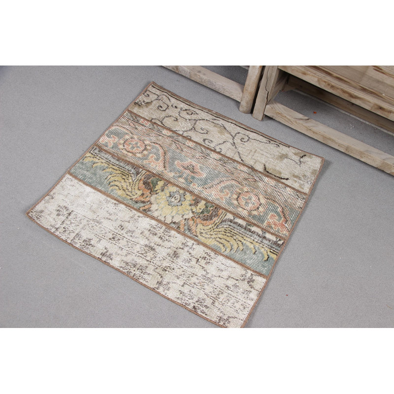 Handcrafted Vintage Turkish Door Mat with Beige and Blue Floral Patterns as a Unique Home Decor Entryway Accent