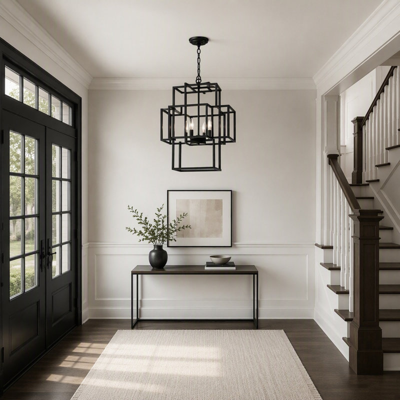 Luminaire suspendu de style campagnard moderne à 4 lumières avec lanterne noire pour hall d'entrée