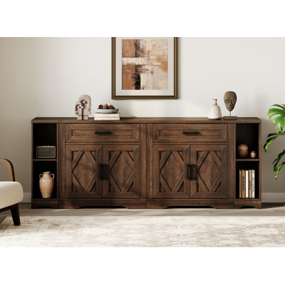 Glenford 82.7"W Large Modern Farmhouse Office Storage Cabinet With Barn Doors & Drawers, Scratch-Resistant Tree Bark Finish