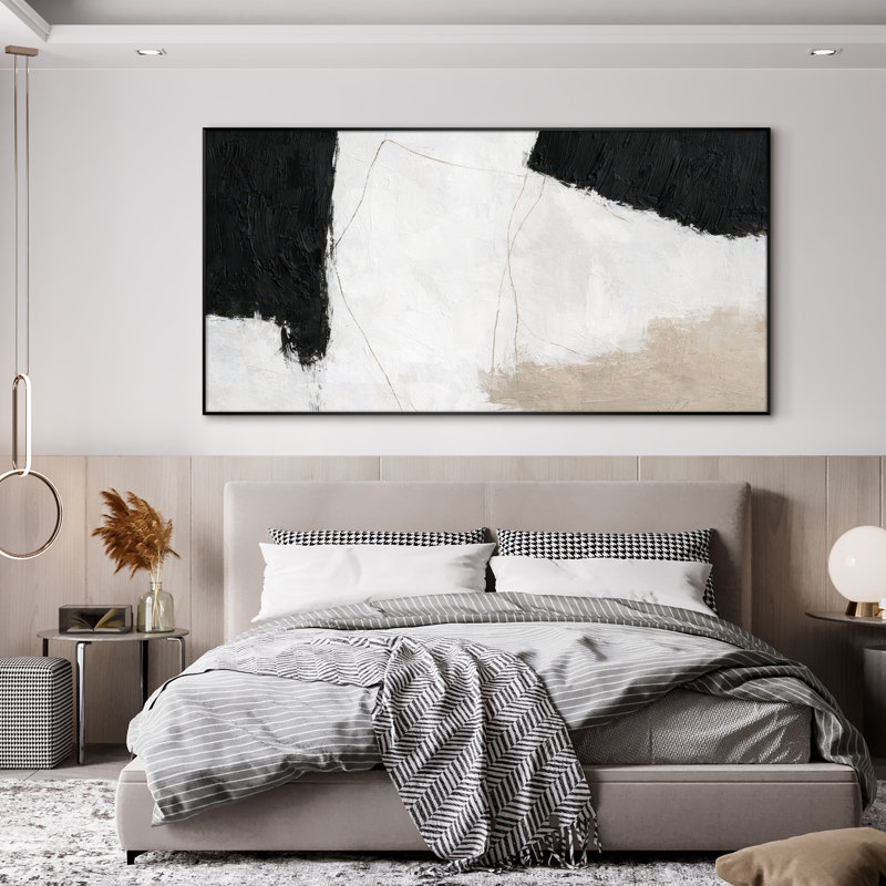 Très grand art mural imprimé sur tissu - Noir, formes minimalistes abstraites, décor de bureau moderne - «Assemblage requis du cadre (cadre non fini)»