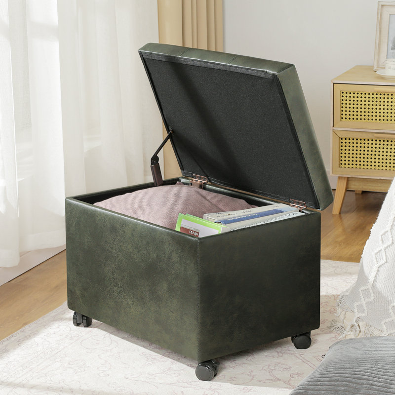 Faux Leather Storage Ottoman With Casters Vintage-Style, Green