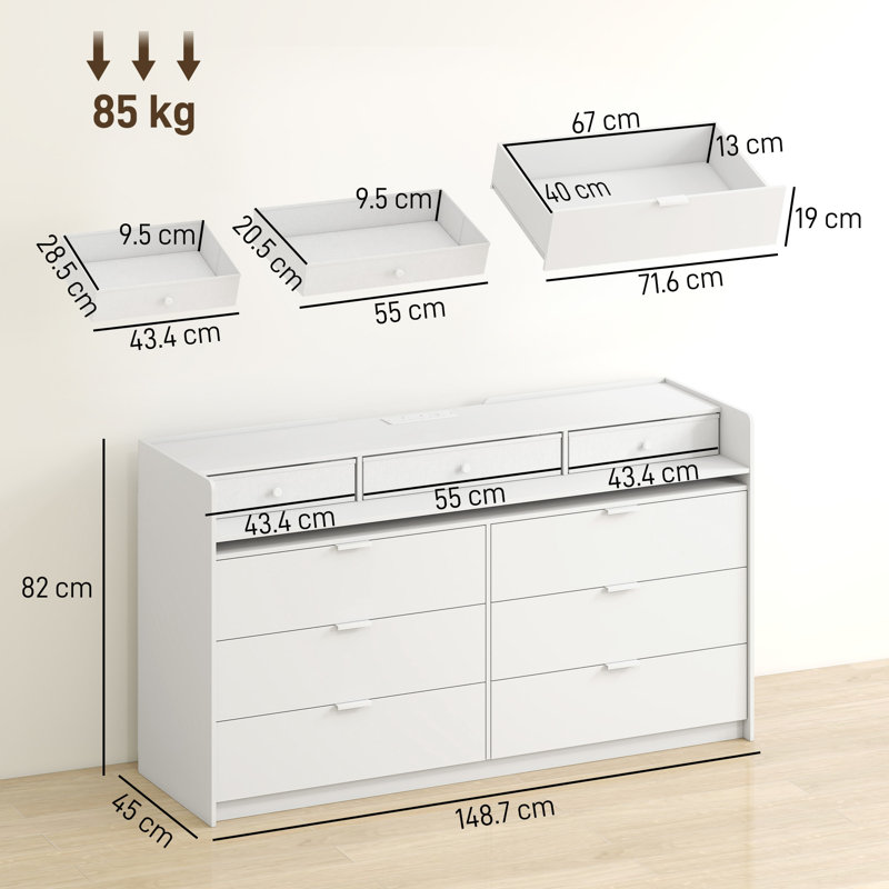 Solid Wood 148.7 cm W Chest of 9 Drawers