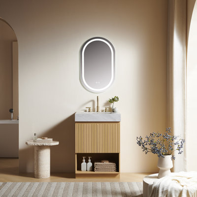 Meuble-lavabo FINO 24, sur pied, comptoir en pierre frittée gris Carrara veinée et lavabo en céramique avec entraxe de 20 cm (8 po), 3 trous, démonté, robinetterie et bonde non inclus, couleur chêne Corolla.