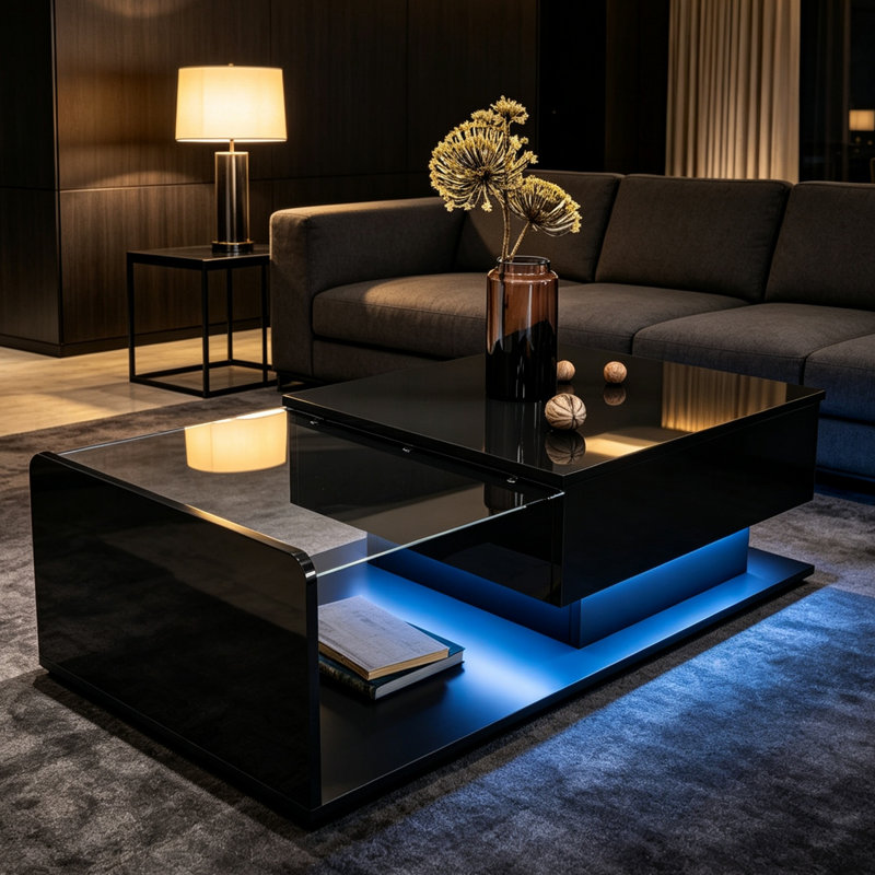 Table basse, table d'appoint, Table basse élégante avec dessus en verre et éclairage DEL, Structure soignée avec plateau en verre pour les espaces de vie intérieurs courants