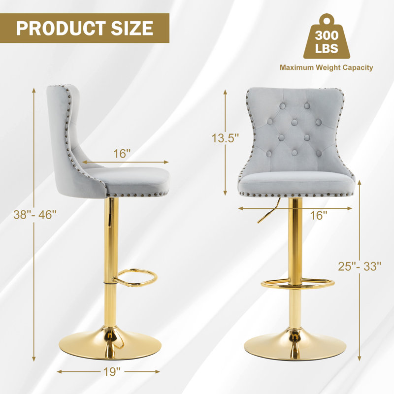 Swivel Adjustable Height Bar Stools With Metal Footrest Set Of 2, Gray//Gold