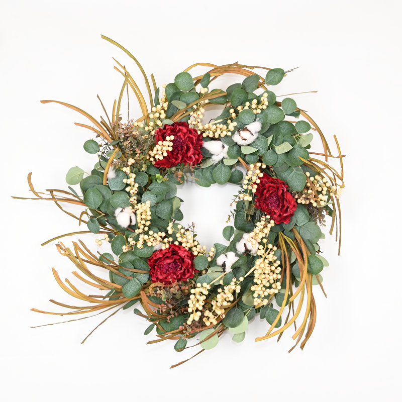 Couronne de porte de pivoines en coton 26 po