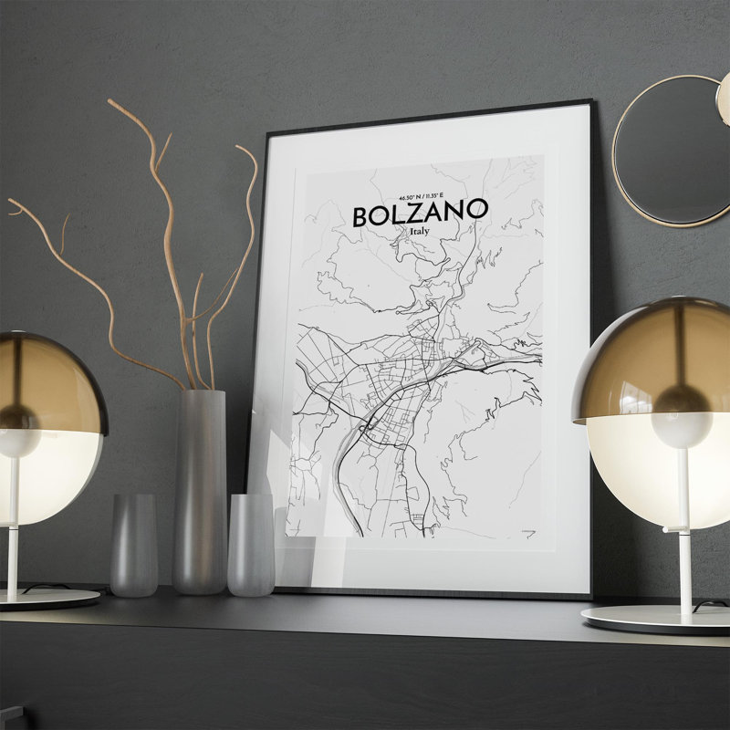 «Bolzano City Map», impression, H 17 po x l 11 po x P 0,05 po, Gris / blanc