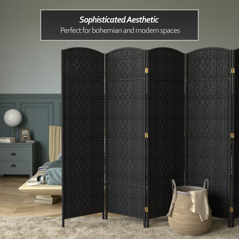 71" Tall Diamond Weave Fiber 6 Panel Room Divider, Black, 6