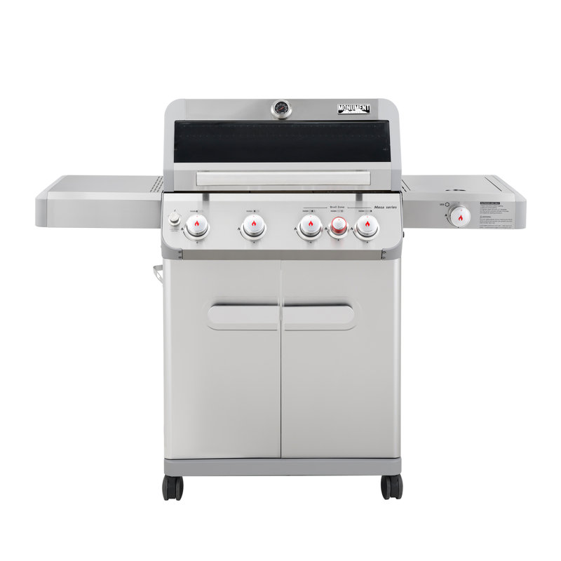 Barbecue à gaz infrarouge Monument Grills Mesa 415BZ à 4 brûleurs, fonctionnant au propane liquide, avec brûleur latéral et armoire.