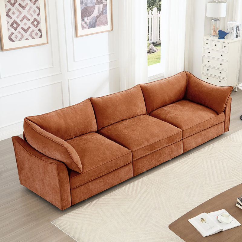 Chenille orange à 3 places, tiroirs coulissants pour un rangement facile dans le salon, enveloppé de coussins d'accoudoir avec rangement caché dans le siège, tissu usé, style nordique