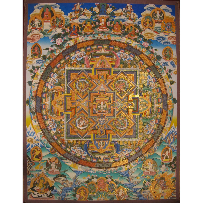 Vieux mandala Chengrezig de style tibétain de grande taille avec plusieurs divinités (Thangka Brocadeless)