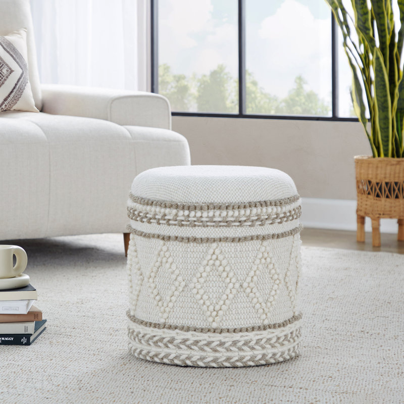18" Storage Ottoman, Handwoven Wool, Tufted - Beige