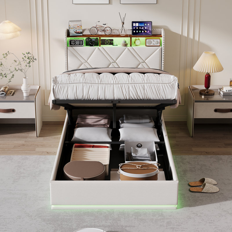 Upholstered Bed, European Single (90 x 200 cm), Beige
