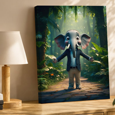 Toile, un éléphant fantaisiste se tient confiant dans un luxueux art mural, Jungle vibrante entourée de feuillage vert dense, art mural