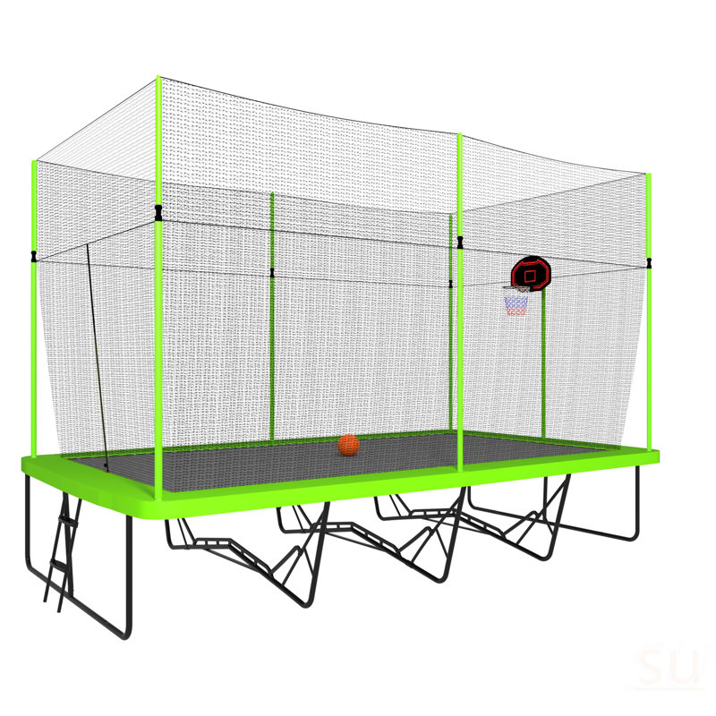 Trampoline rectangulaire 10 pi x 17 pi avec tissu vert, tubes en acier galvanisé thermolaqué noir avec système de panier de basketball