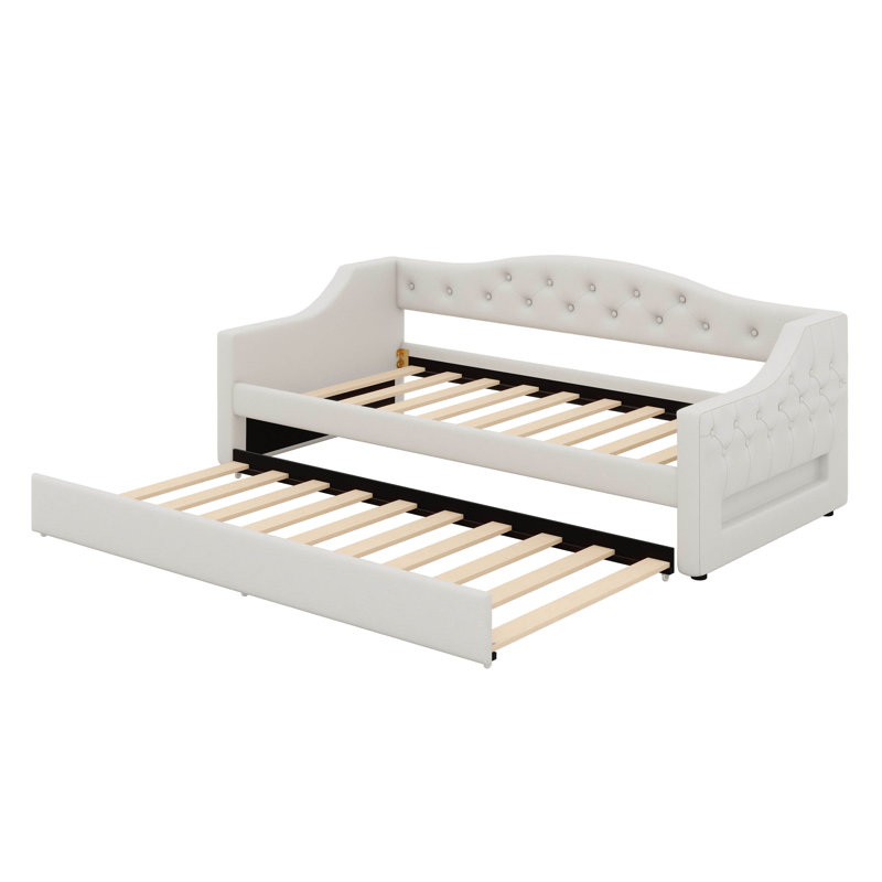 Upholstered Daybed Twin XL Size, Sofa Bed With LED Belt And Trundle, Linen Tufted Day Bed, Beige
