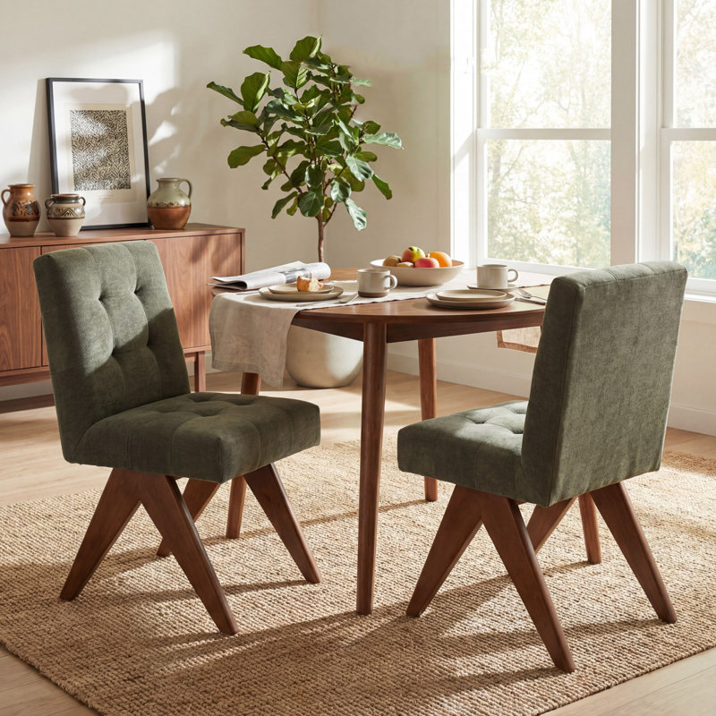 Tufted Linen Upholstered Dining Chair Armless Parsons Side Chair With Solid Wood Legs, Green