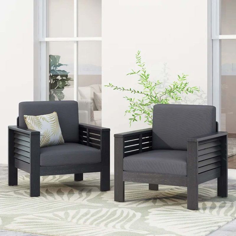 (Ensemble de 2) Fauteuils club d'extérieur en bois d'acacia avec coussins, Gris, Gris