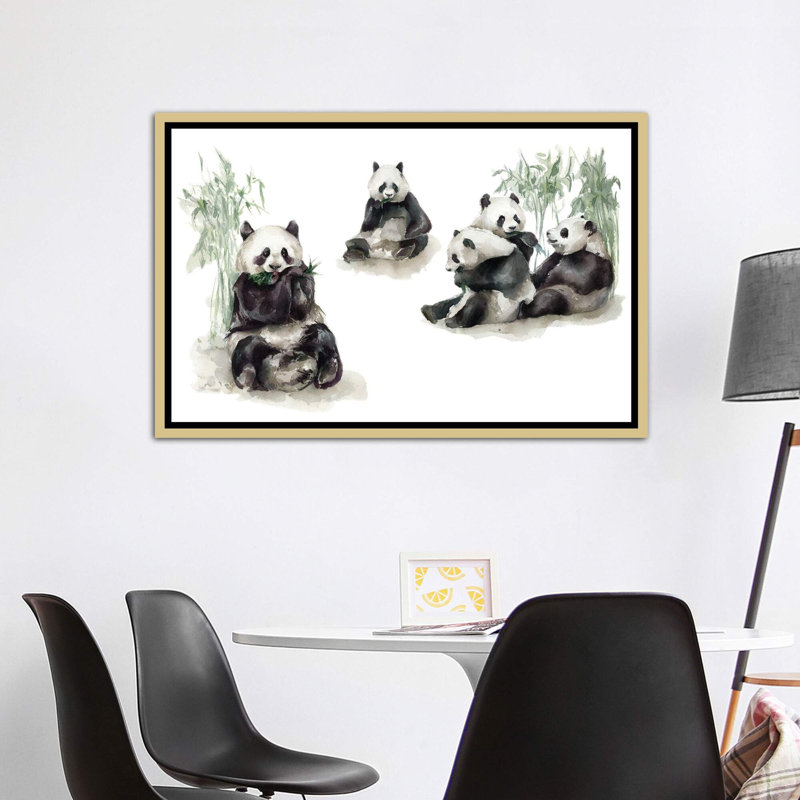 Pandas, H 40 po x l 60 po x 1,5 po, Toile encadrée d'or