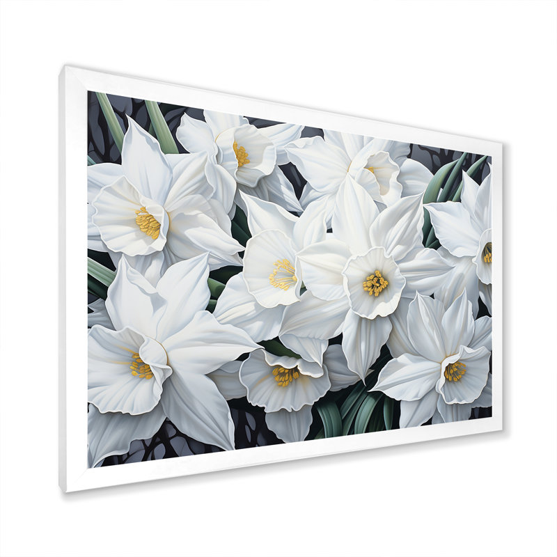 Minimalisme, jonquilles blanches I sur toile, Cadre simple blanc, H 12 po x l 20 po x P 1 po