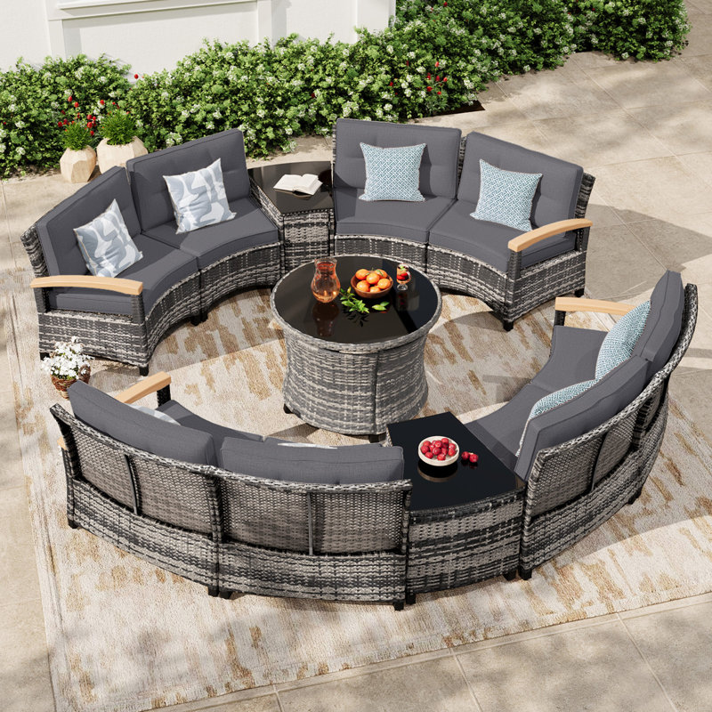  11-Piece Half-Moon Curved Outdoor Patio Furniture Set, Sectional Conversation Sofa With Wood Armrests, Round Coffee Table For Backyard Deck Garden, Grey