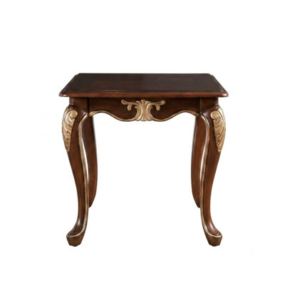 Apeki 26.5 in. Brown Rectangular Wood End Table with Ornate Carved Details and Cabriole Legs