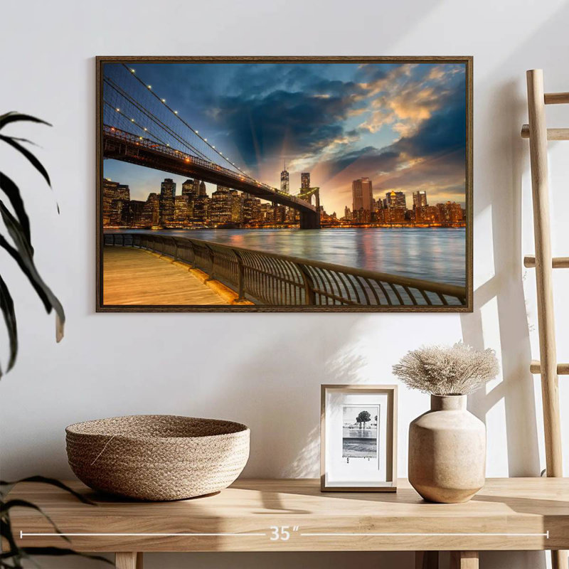 Soleil de Brooklyn Bridge, 25 po x 17 po, Cadre flottant noyer