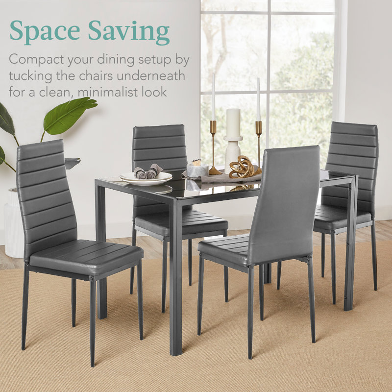 Hekimhan 5-Piece Kitchen Dining Table Set w/ Glass Tabletop, 4 Faux Leather Chairs, Gray, Ivory