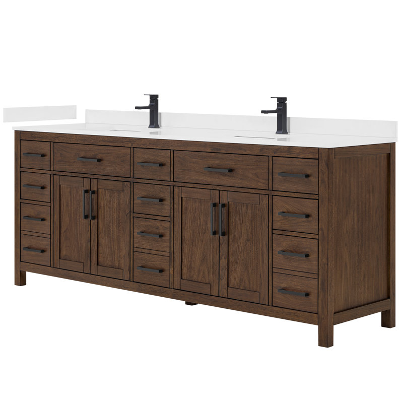 Beckett 84" Freestanding Double Bathroom Vanity with Quartz Top, Dark Walnut, White Quartz, Matte Black