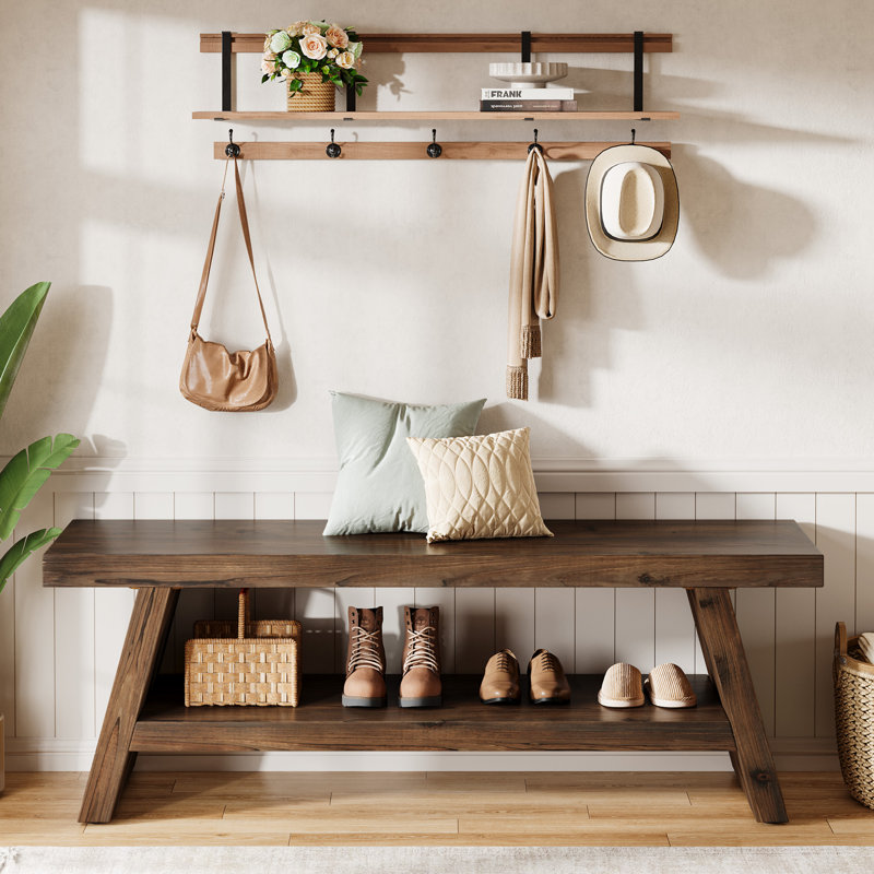 Banc d'entrée en bois massif à 2 niveaux, banc de chaussures pour l'intérieur, Brun rustique