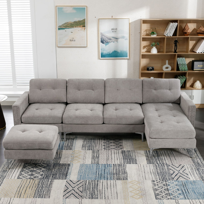Jiuliana Upholstered Sectional Reversible, Light Gray Velvet, Silver